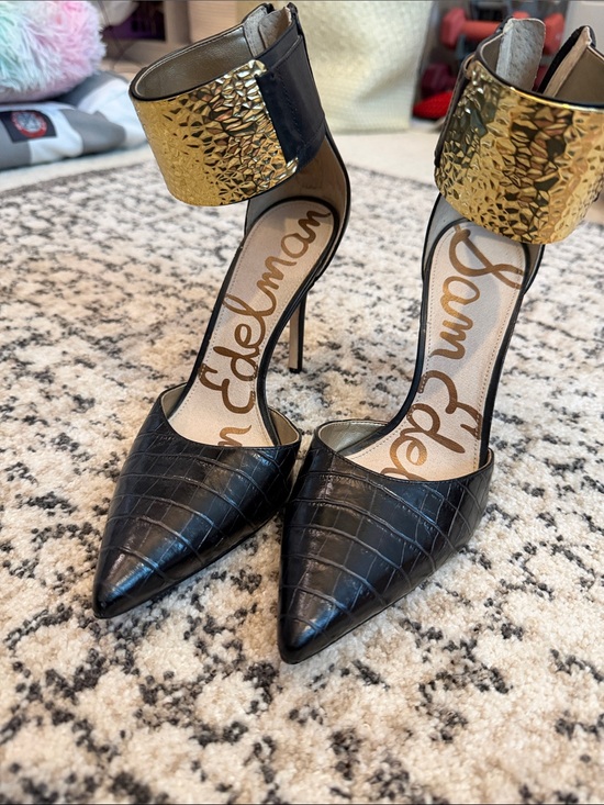 Sam Edelman Shoes - Sam Edelman Black Croc-Embossed Pointed Toe Heels with Gold Textured Ankle Cuff